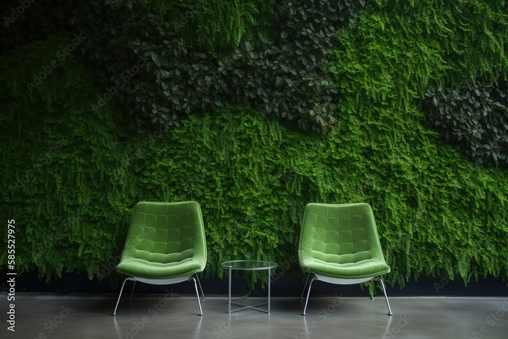  two green chairs sitting in front of a wall covered in plants.  generative ai