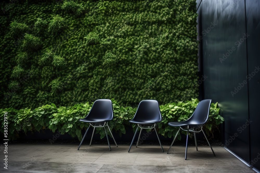  three black chairs sitting in front of a green plant wall.  generative ai