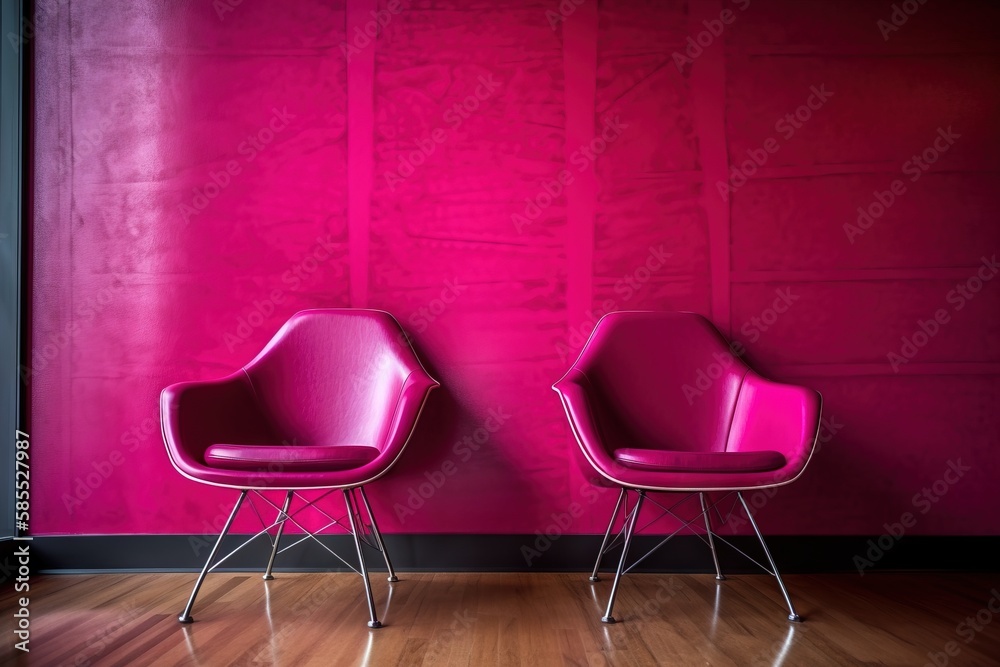  two pink chairs against a pink wall with a wooden floor.  generative ai