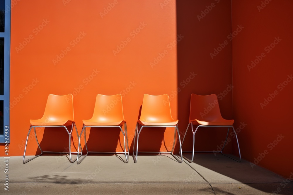  three orange chairs sitting in front of a bright orange wall.  generative ai