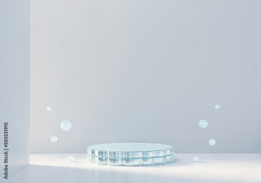 3D rendering cosmetic platform podium with crystal caustic light product presentation background