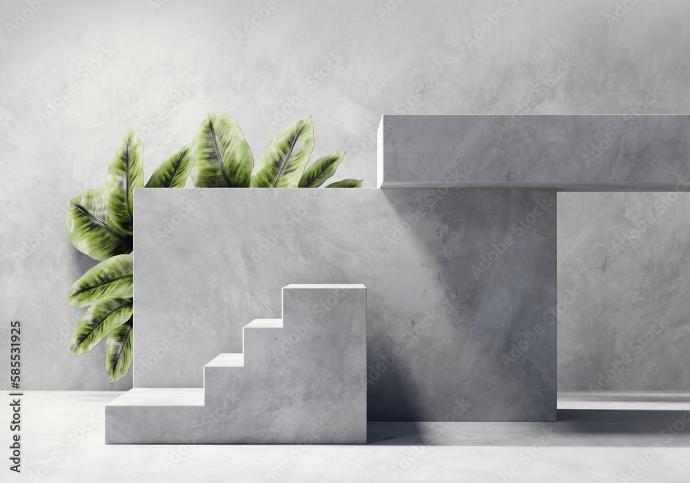 3D rendering concrete platform podium with plant product presentation background