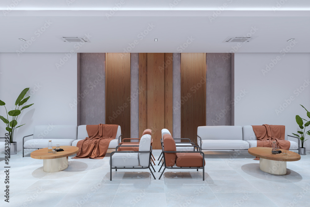 Modern office lobby or waiting area interior with furniture. Cozy designs concept. 3D Rendering.