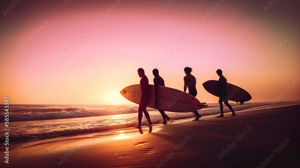 Summer background with surfers. Illustration AI Generative.