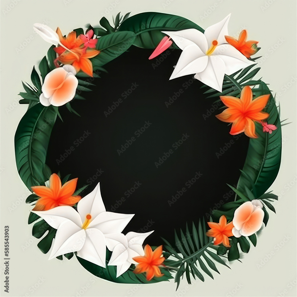 Tropical flower frame. Illustration AI Generative.