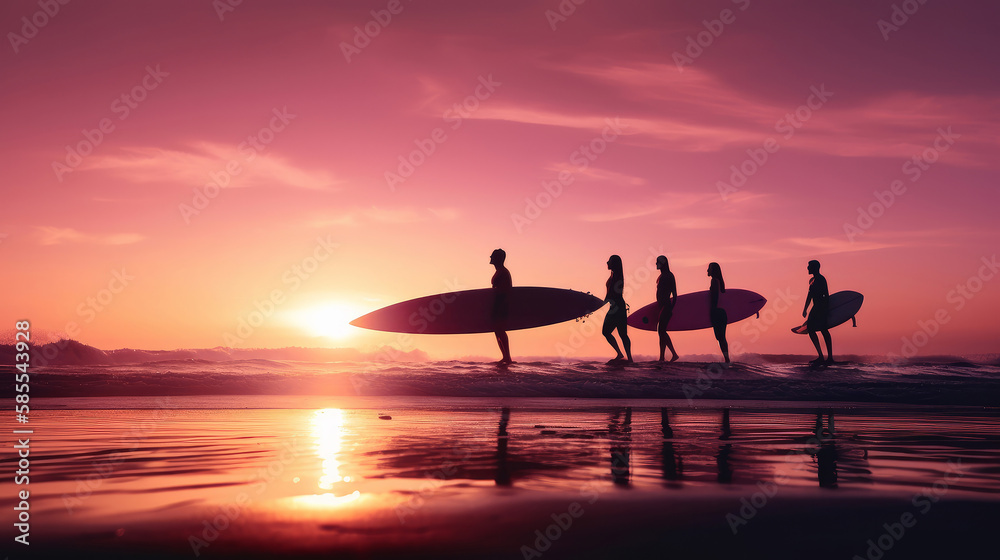 Summer background with surfers. Illustration AI Generative.