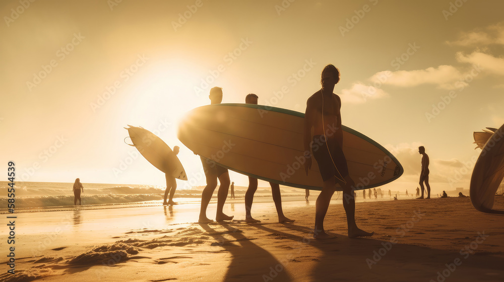 Summer background with surfers. Illustration AI Generative.