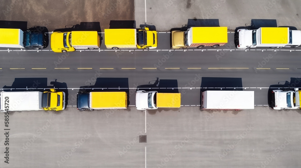 Yellow trucks top view. Illustration AI Generative.