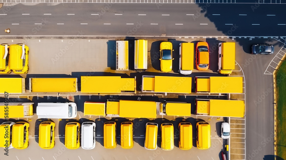 Yellow trucks top view. Illustration AI Generative.