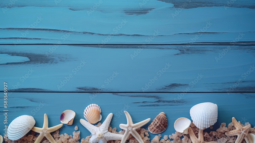 Blue summer background with shells. Illustration AI Generative.