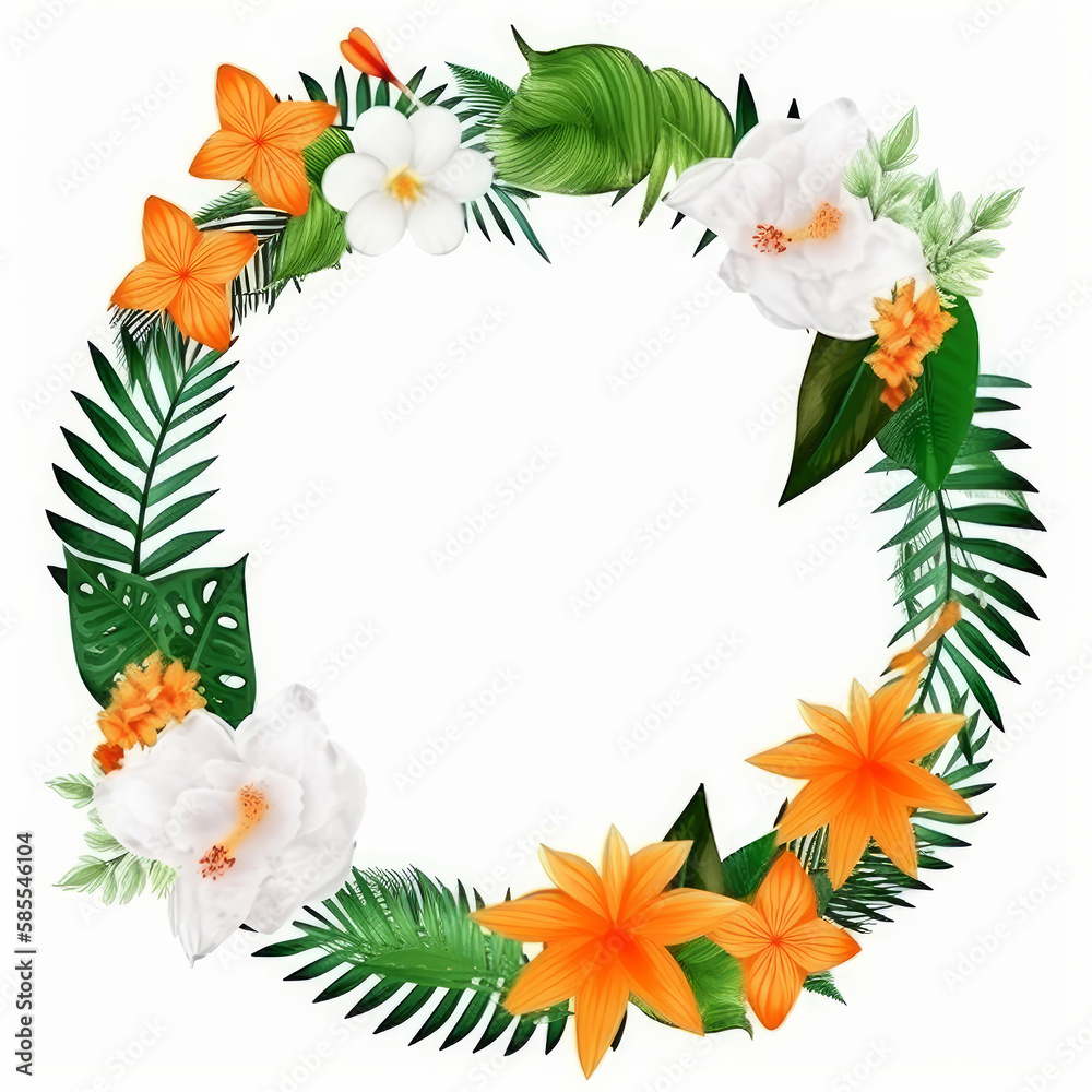 Tropical flower frame. Illustration AI Generative.