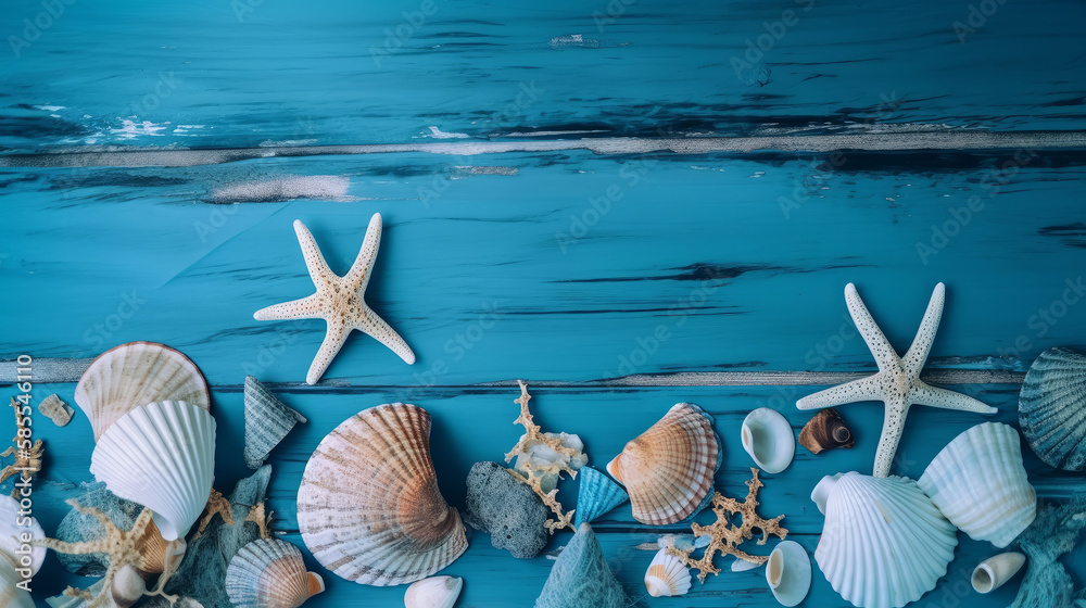 Blue summer background with shells. Illustration AI Generative.