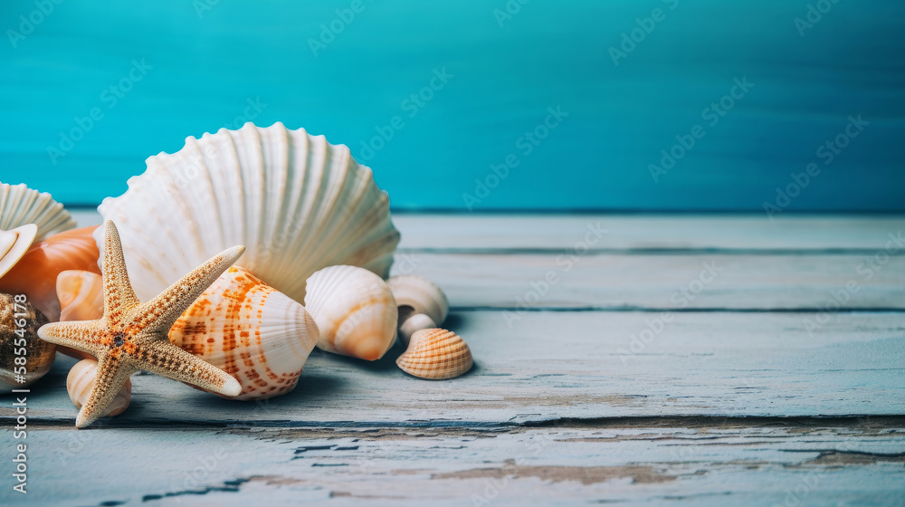 Blue summer background with shells. Illustration AI Generative.