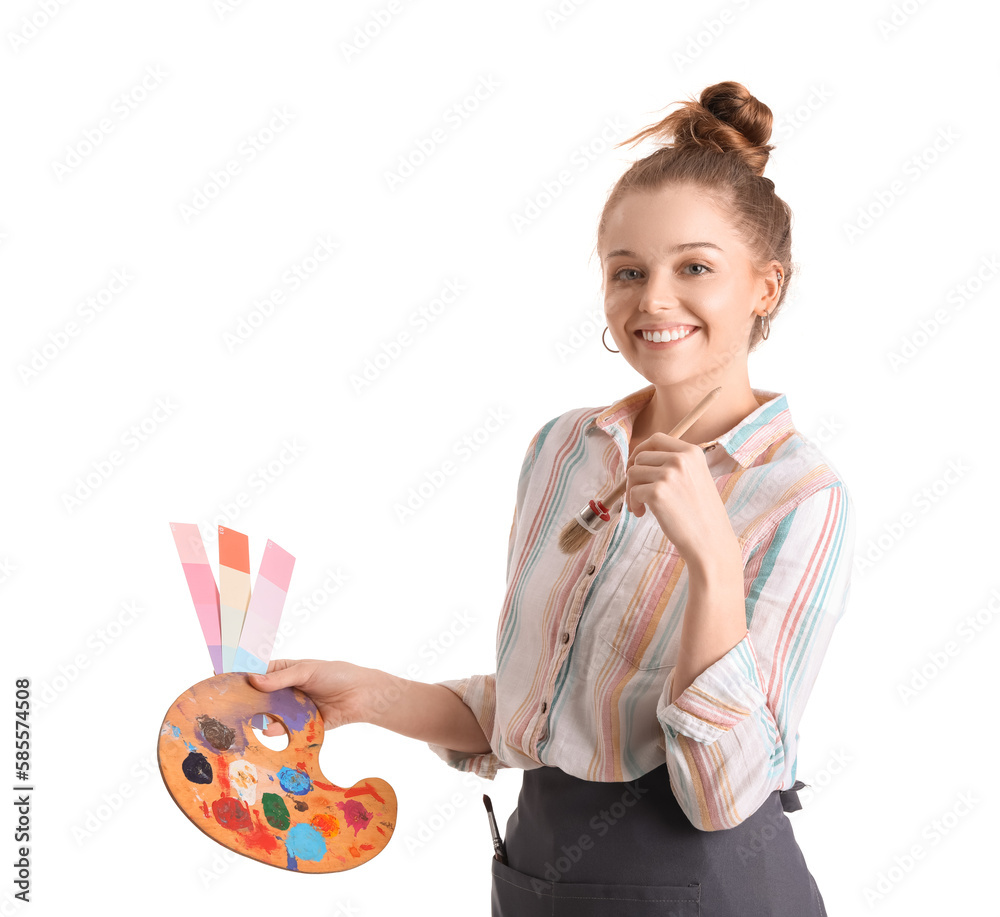 Female artist with brush, color samples and paint palette on white background