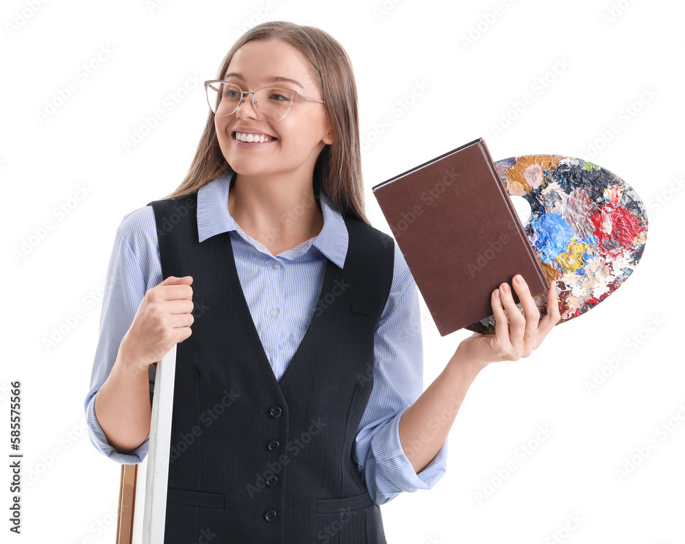 Drawing teacher with book, easel pad and palette on white background