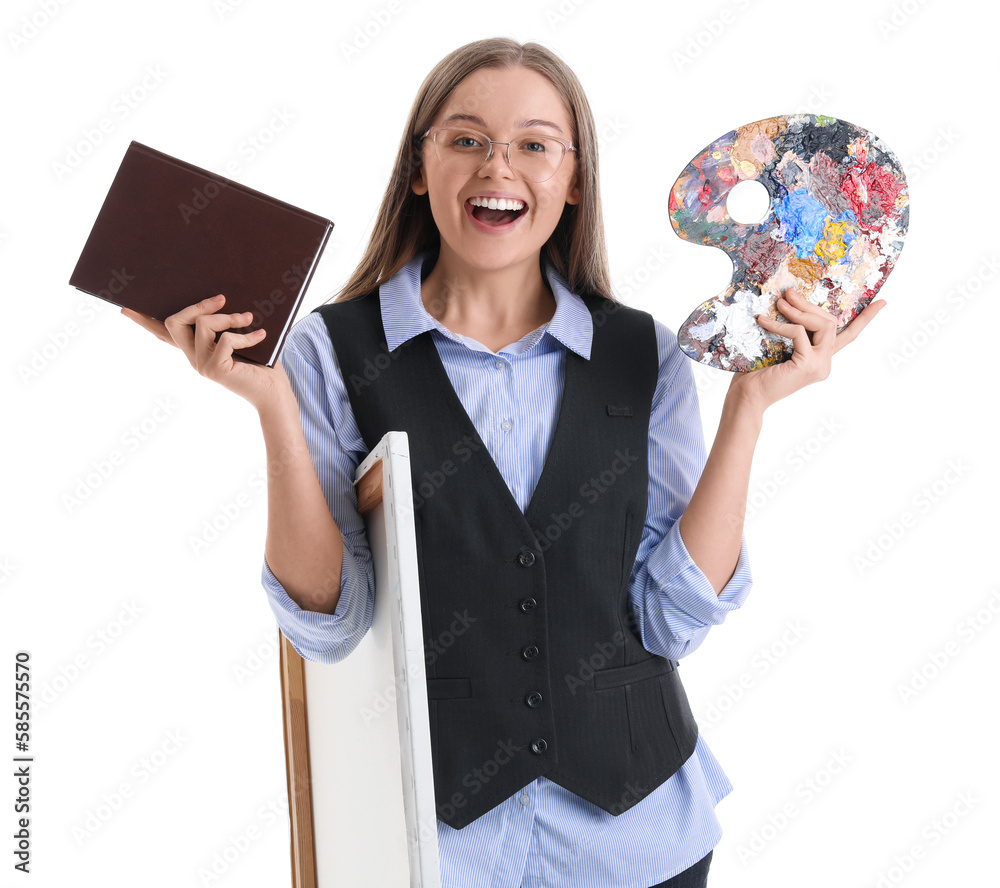 Drawing teacher with book, easel pad and palette on white background