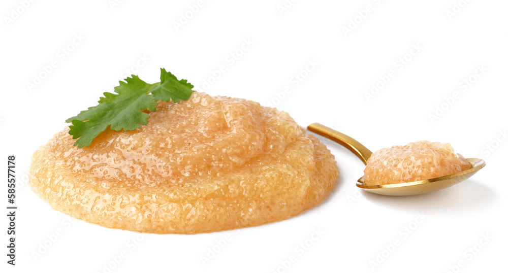 Caviar of capelin with parsley and spoon isolated on white background