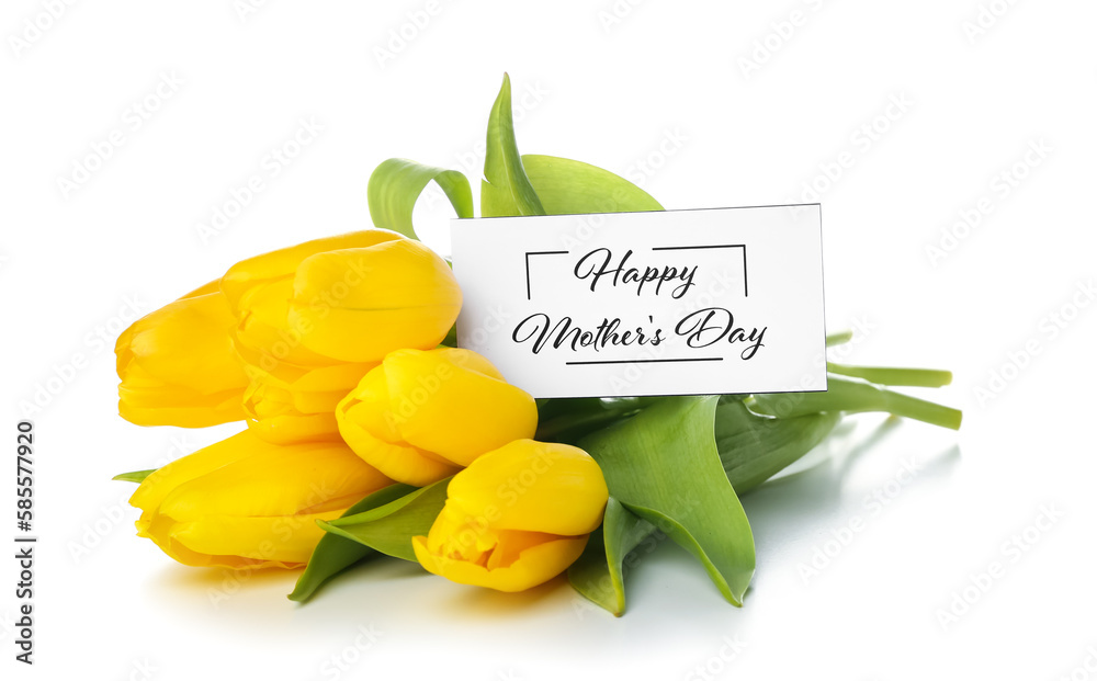 Card with text HAPPY MOTHERS DAY and bouquet of yellow tulip flowers isolated on white background