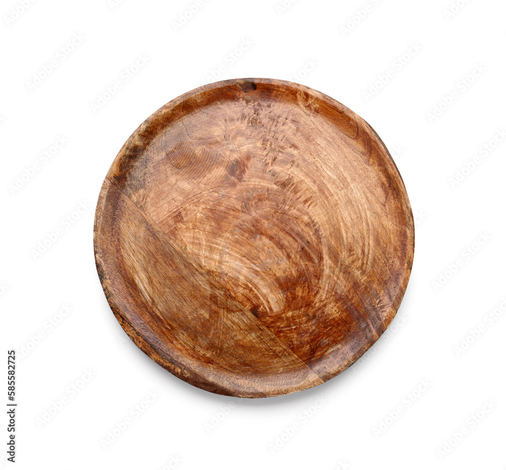 Round wooden kitchen board on white background