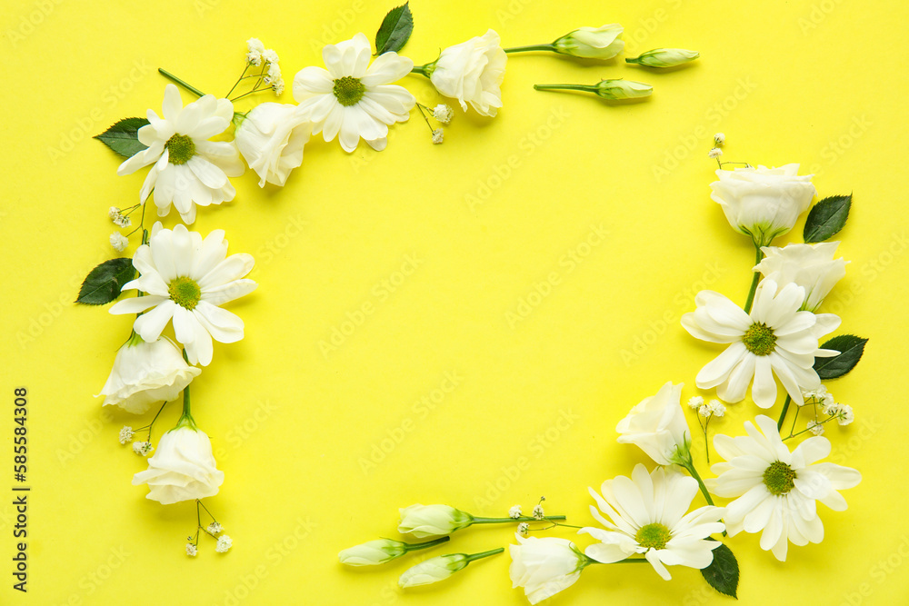 Composition with beautiful eustoma, chamomile and gypsophila flowers on yellow background