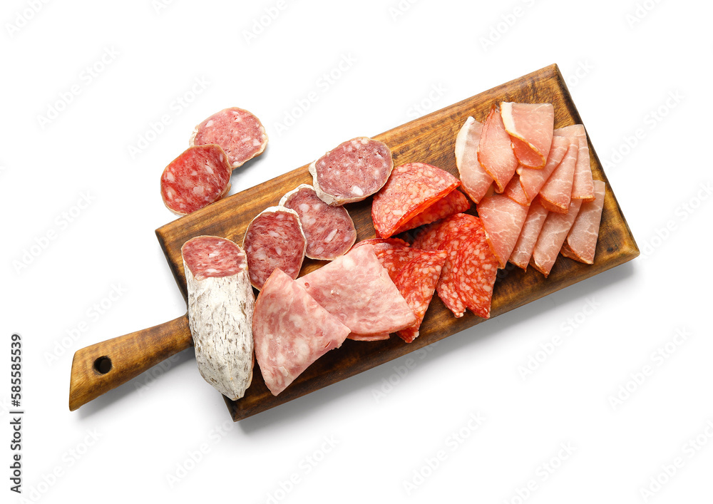 Wooden board with assortment of tasty deli meats isolated on white background