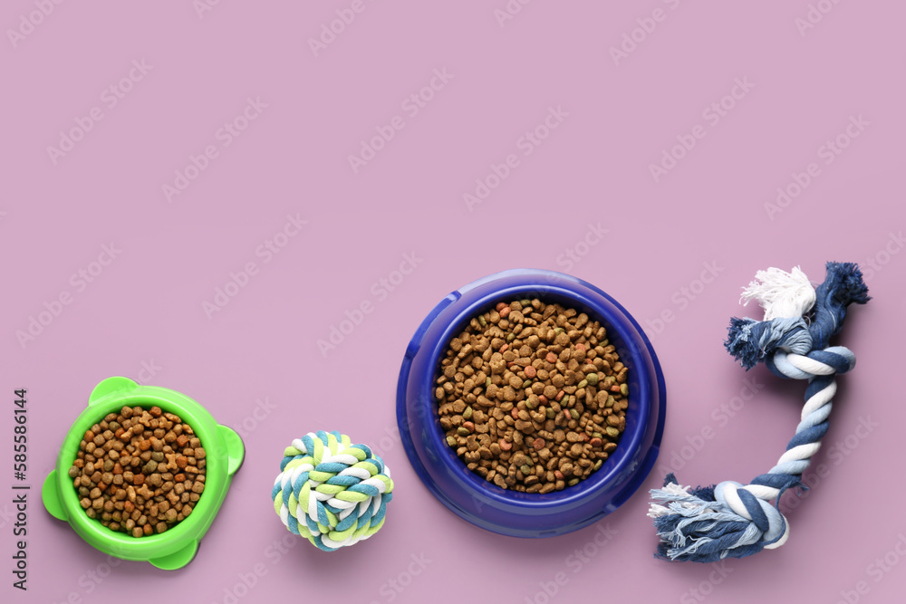 Bowls with dry pet food and toys on color background