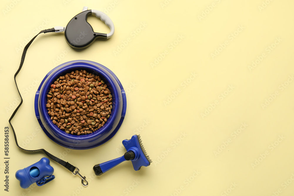 Bowl of dry pet food, grooming brush, leash and waste bags on color background