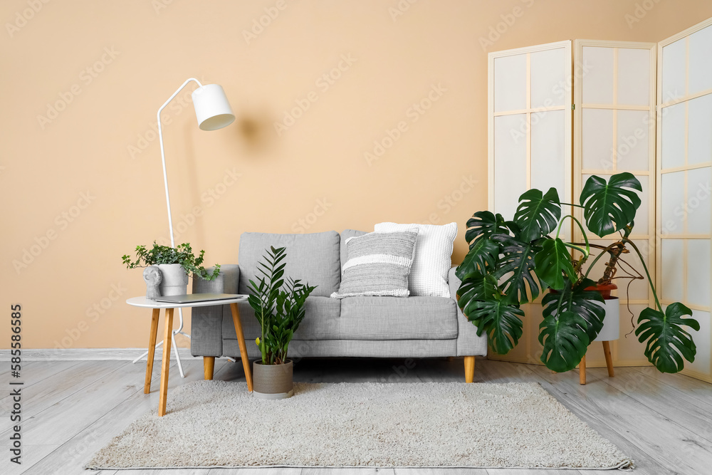 Interior of room with sofa and green houseplants