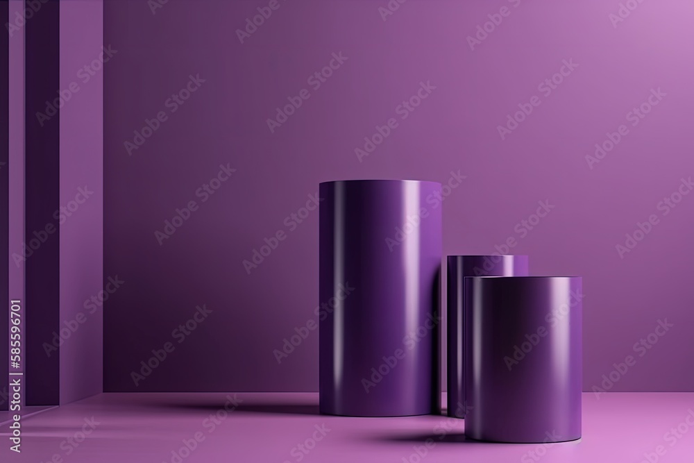 three cylindrical objects on a purple surface. Generative AI