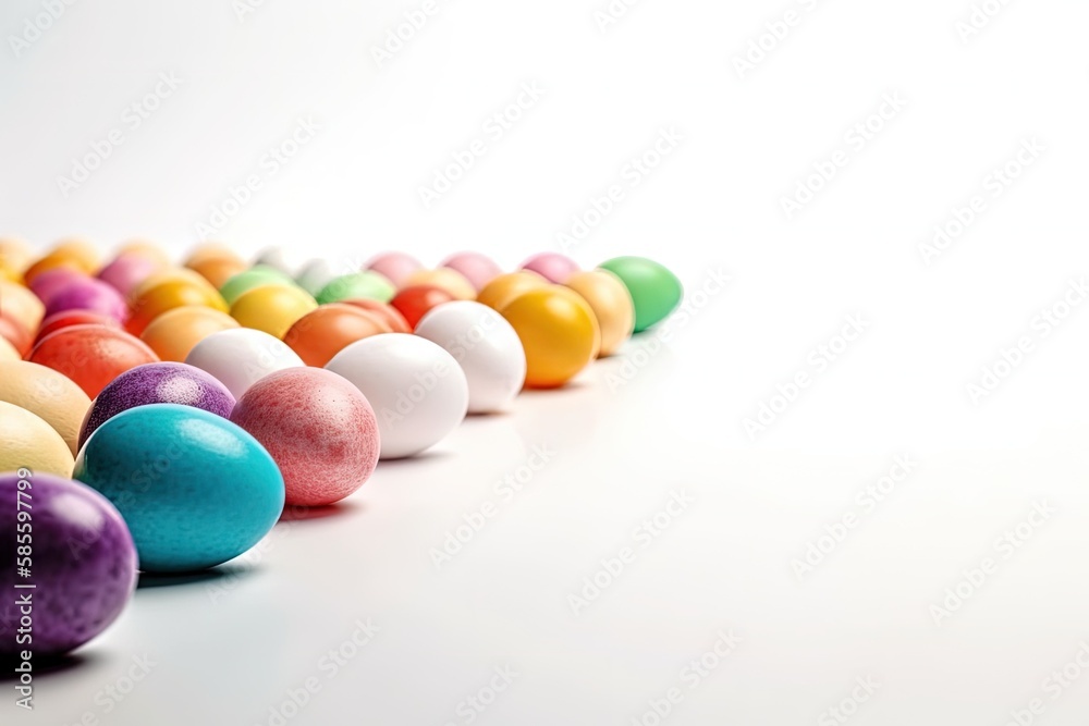 colorful candy eggs arranged on a white surface. Generative AI