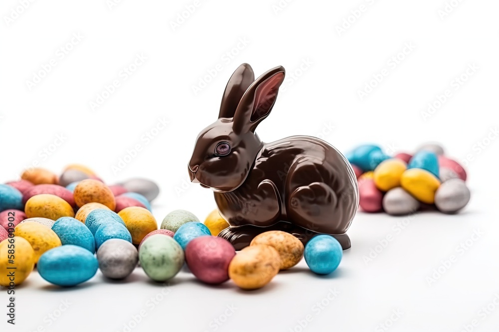 chocolate bunny surrounded by chocolate eggs. Generative AI