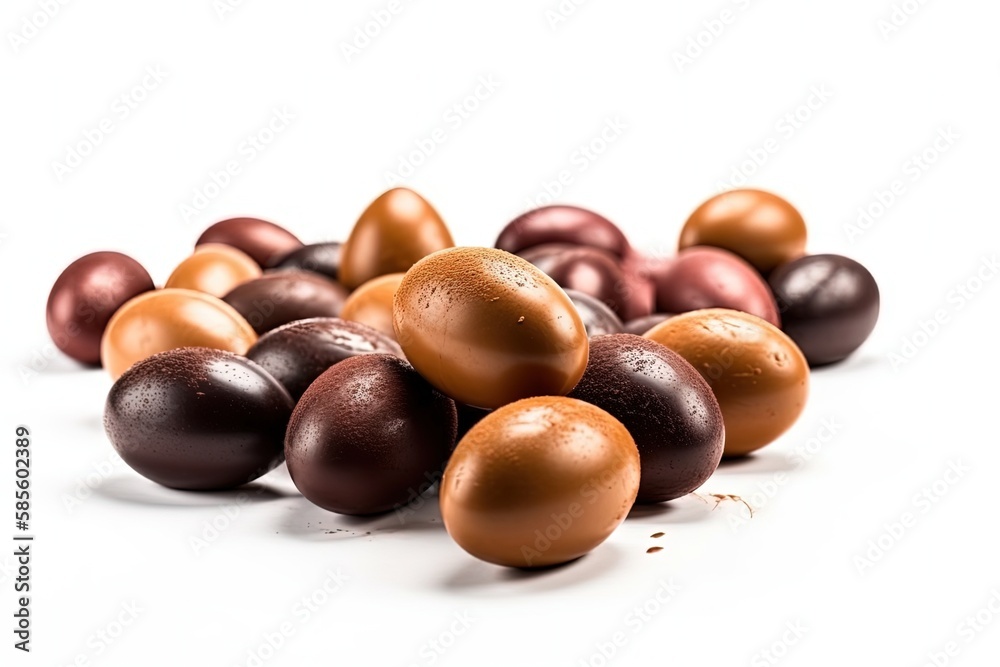 colorful heap of chocolate Easter eggs on a simple white background. Generative AI