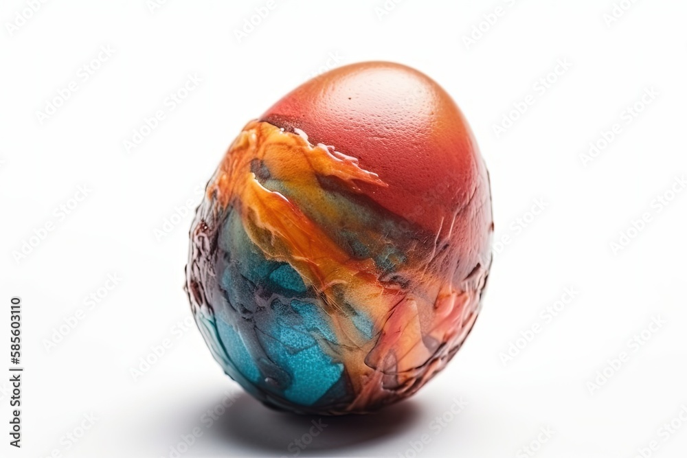 vibrant painted egg resting on a clean white surface. Generative AI