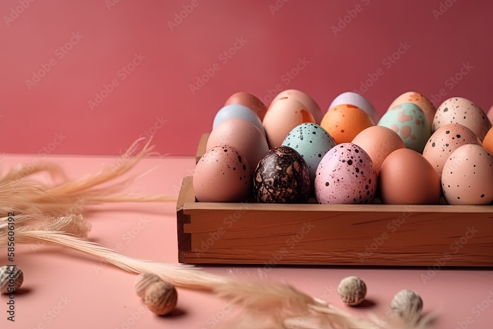 wooden box filled with colorful Easter eggs. Generative AI