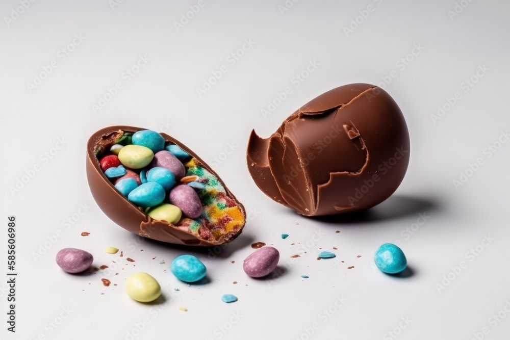 broken chocolate Easter egg with candy pieces spilling out. Generative AI