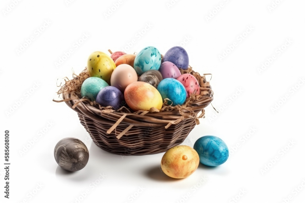 colorful Easter egg basket overflowing with eggs. Generative AI