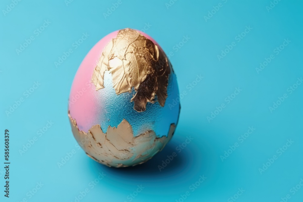 decorative painted egg on a blue background with gold and pink details. Generative AI