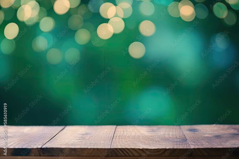 rustic wooden table with bokeh lights in the background. Generative AI