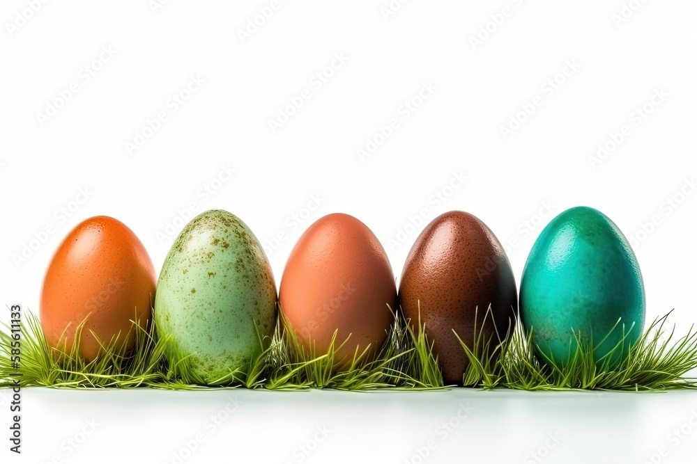 group of colorful Easter eggs nestled in green grass. Generative AI