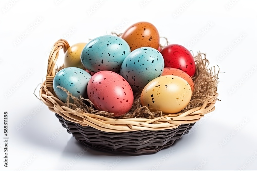 basket overflowing with vibrant Easter eggs. Generative AI