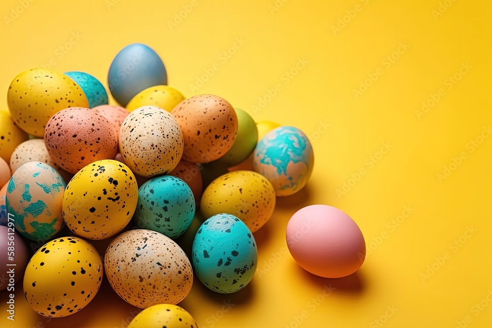 vibrant assortment of Easter eggs on a sunny yellow backdrop. Generative AI