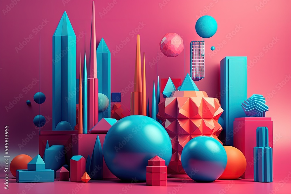 vibrant collection of objects against a bright pink backdrop. Generative AI