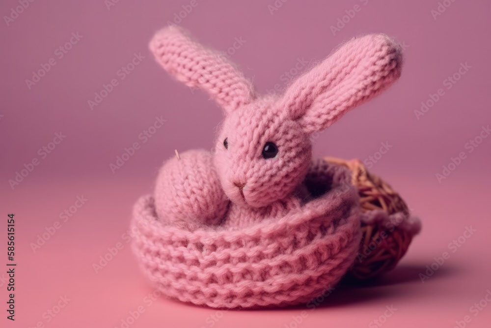 cute pink knitted bunny sitting in a woven basket. Generative AI