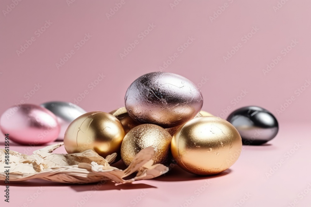 metallic ornaments on a pink background. Generative AI