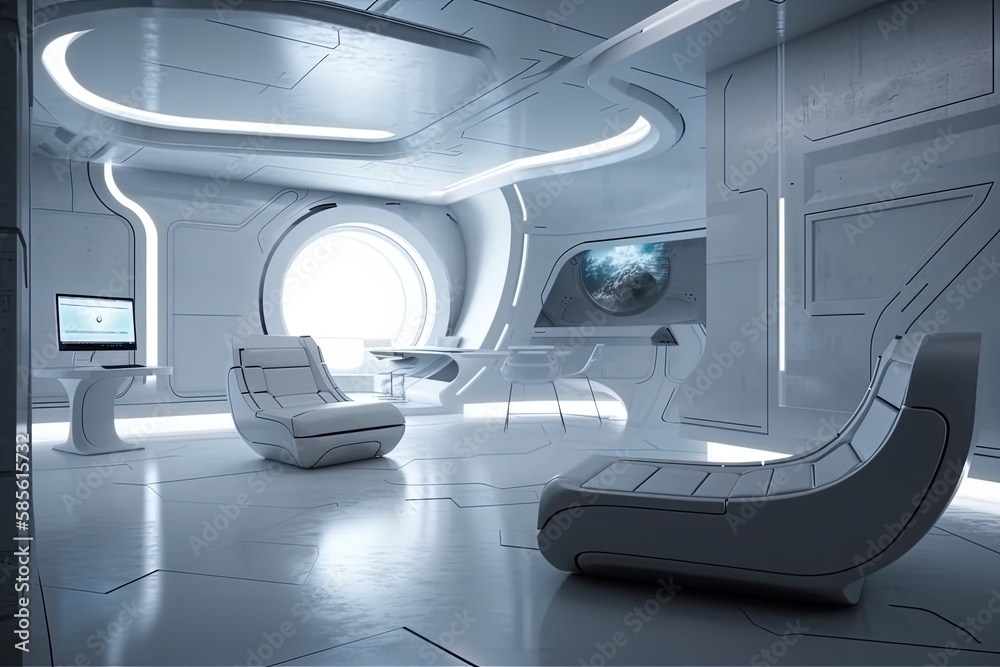 modern office with sleek white furniture and a circular window. Generative AI