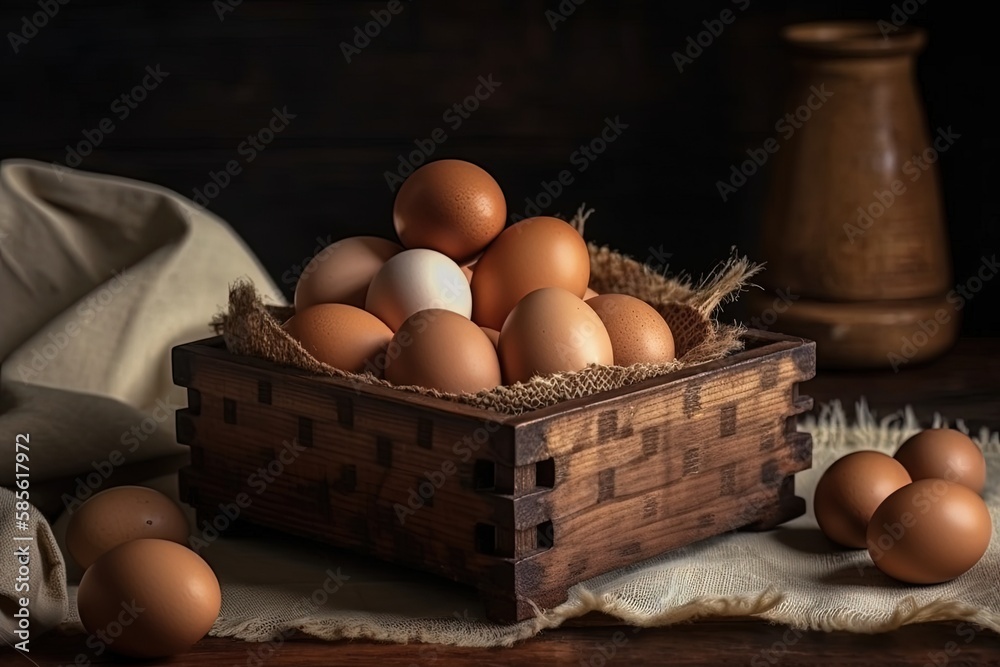 rustic wooden box filled with fresh brown eggs on a table. Generative AI