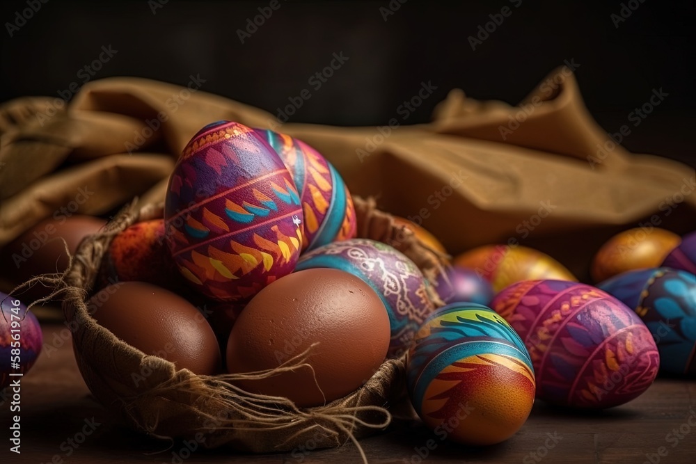 basket filled with a variety of brightly colored painted eggs. Generative AI