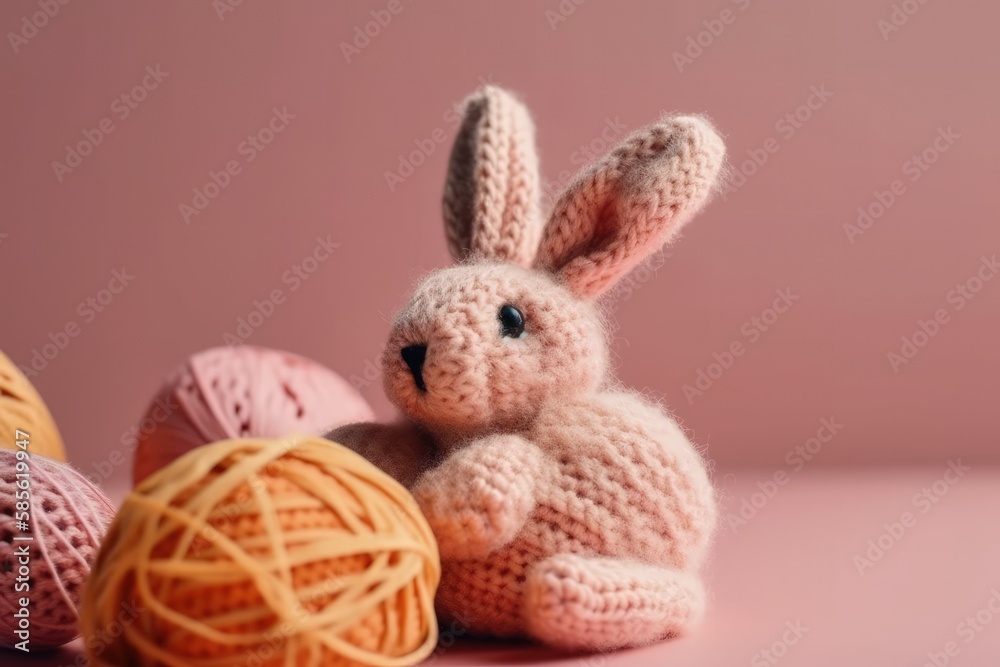 cute knitted bunny sitting beside a colorful ball of yarn. Generative AI