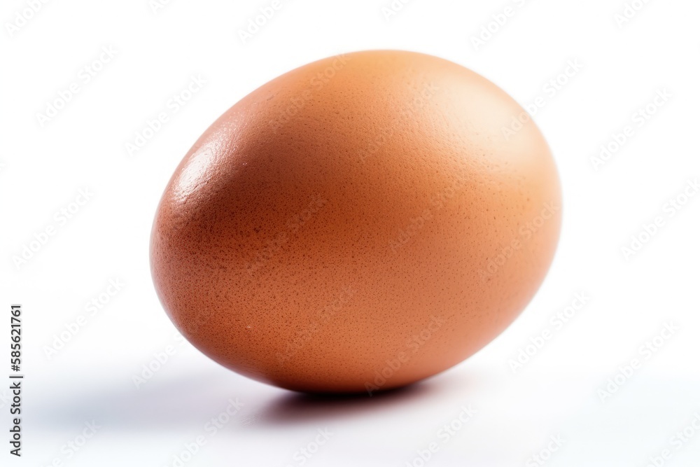 single brown egg placed on a clean white table. Generative AI