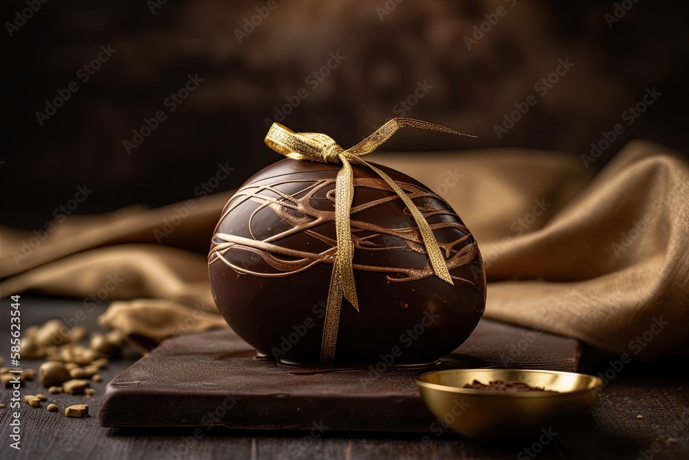 golden bow-tied chocolate Easter egg. Generative AI